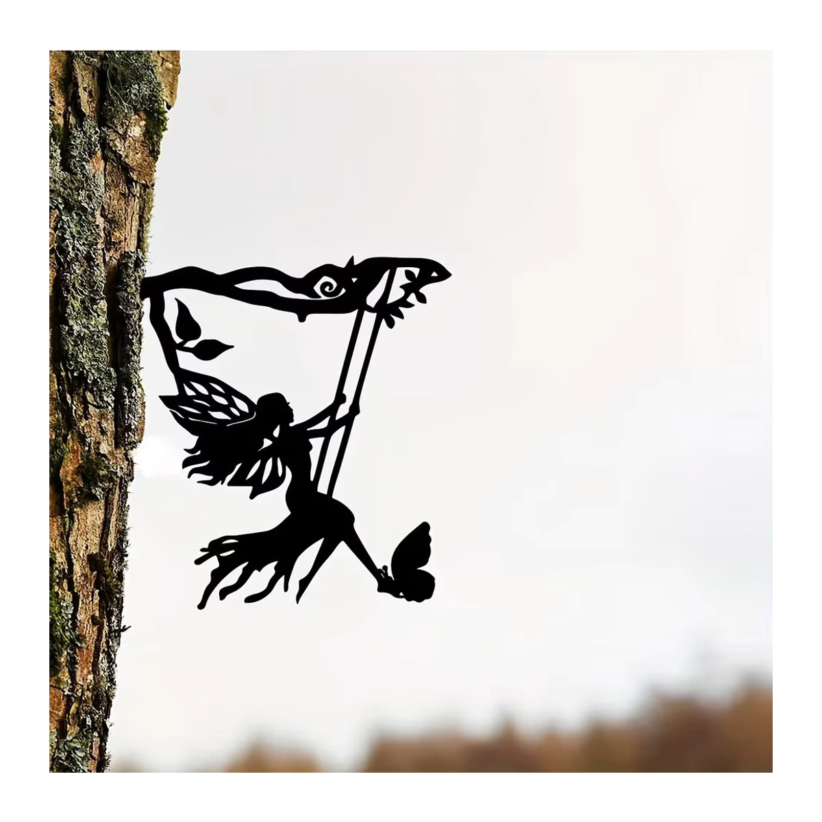 CIFBUY Metall-Wandkunst Schaukel-Elf auf Ast als schwarze Silhouette zur Wandmontage für Garten und Terrasse - Bild 3