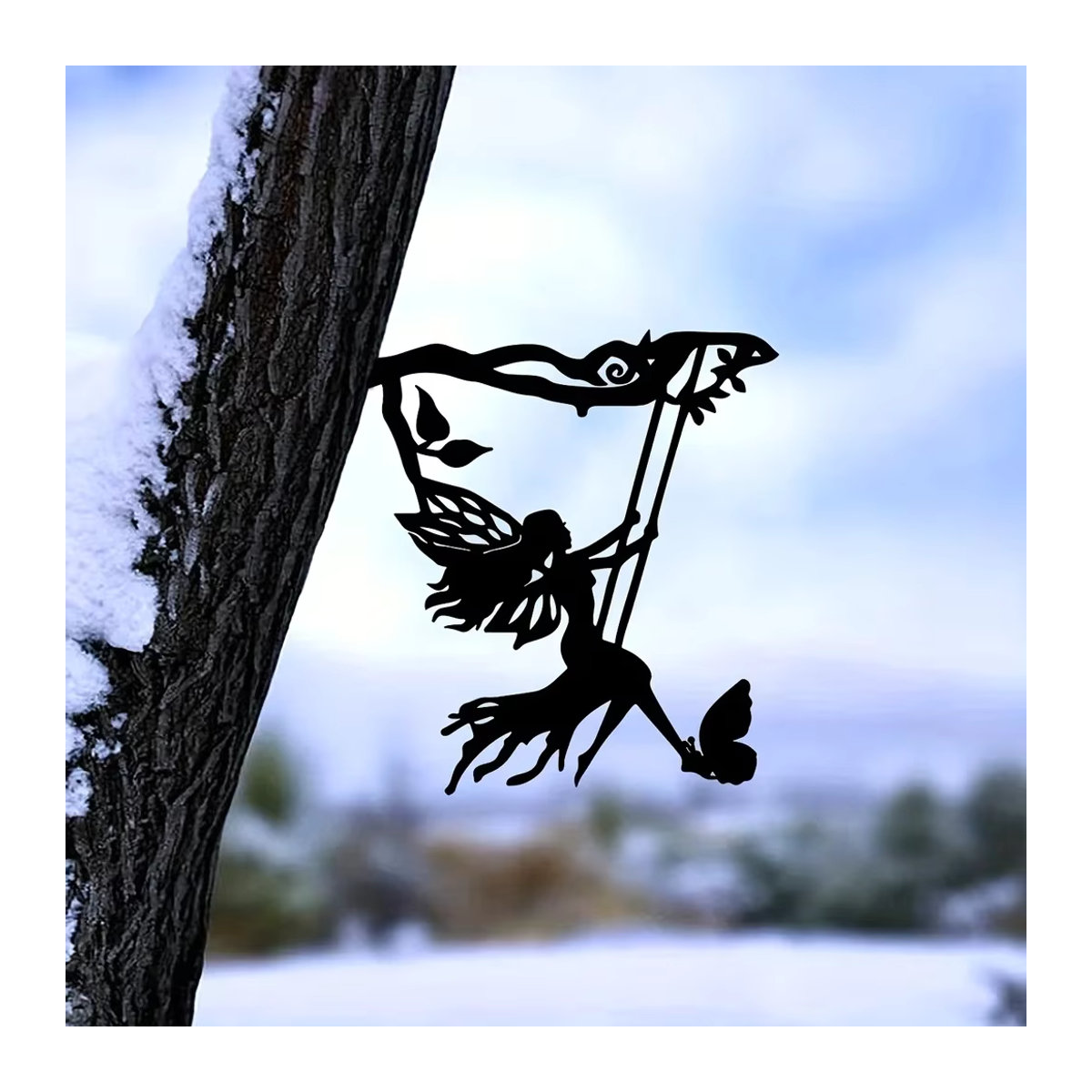 CIFBUY Metall-Wandkunst Schaukel-Elf auf Ast als schwarze Silhouette zur Wandmontage für Garten und Terrasse - Bild 5