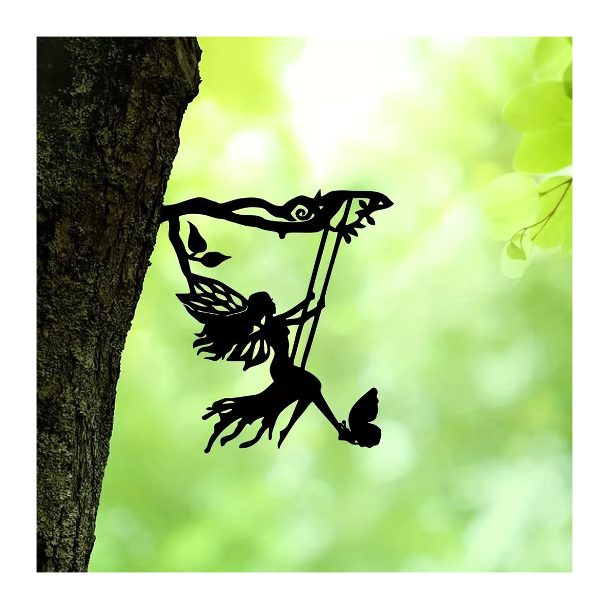 CIFBUY Metall-Wandkunst Schaukel-Elf auf Ast als schwarze Silhouette zur Wandmontage für Garten und Terrasse - Bild 6