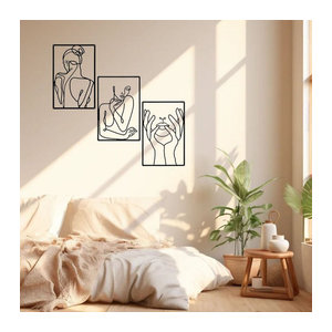 CIFBUY Metall Wandkunst Set aus 3 Teilen mit abstrakten Linienzeichnungen in Schwarz für Wohnzimmer Küche und Bad