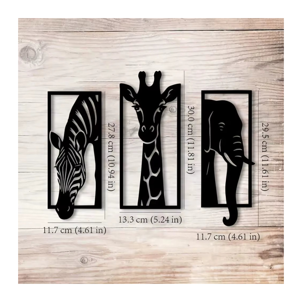 CIFBUY Metall-Wandkunst-Set mit Elefant, Giraffe und Zebra in Schwarz als moderne 3-teilige Tier-Wanddekoration für Innen und Außen - Bild 3