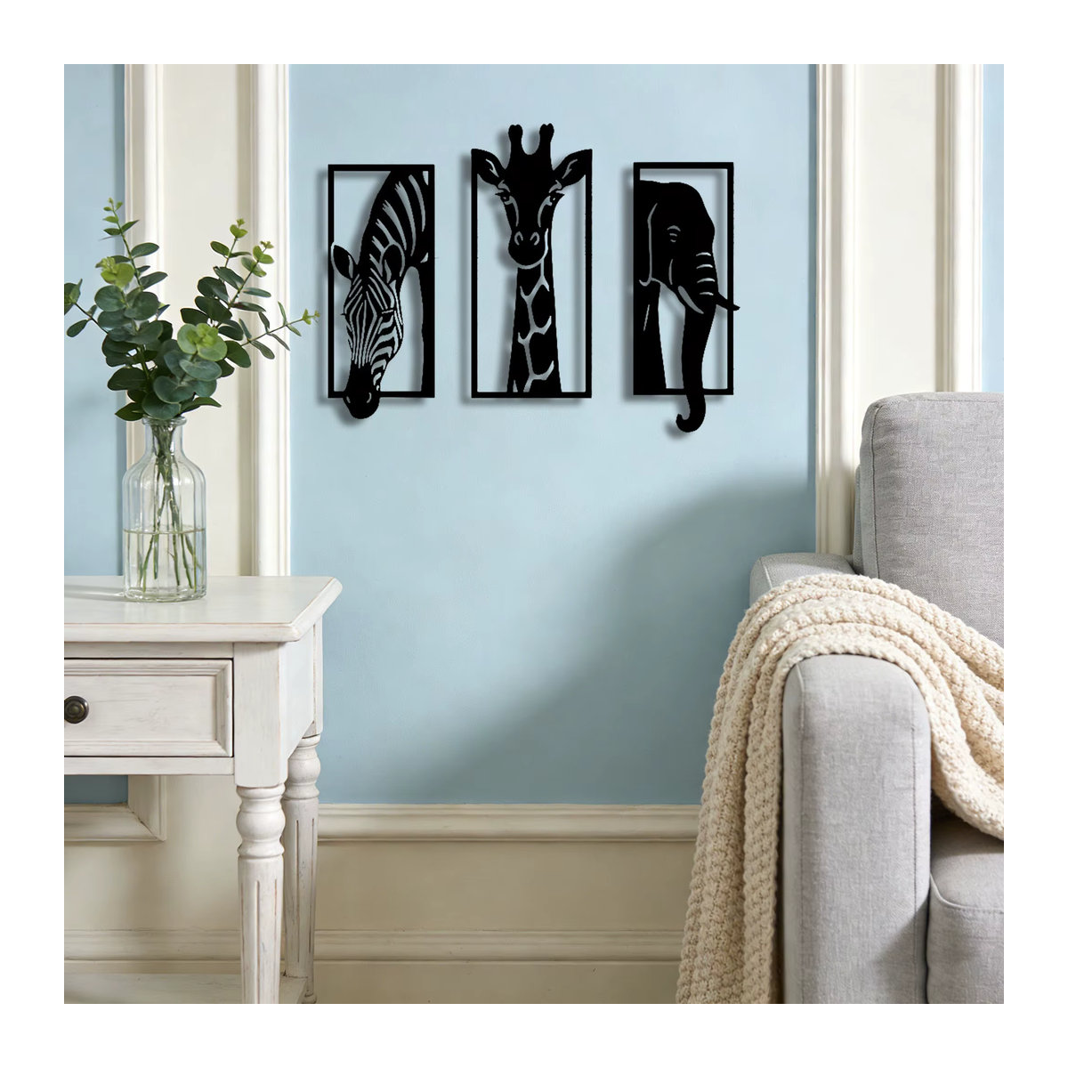 CIFBUY Metall-Wandkunst-Set mit Elefant, Giraffe und Zebra in Schwarz als moderne 3-teilige Tier-Wanddekoration für Innen und Außen - Bild 4