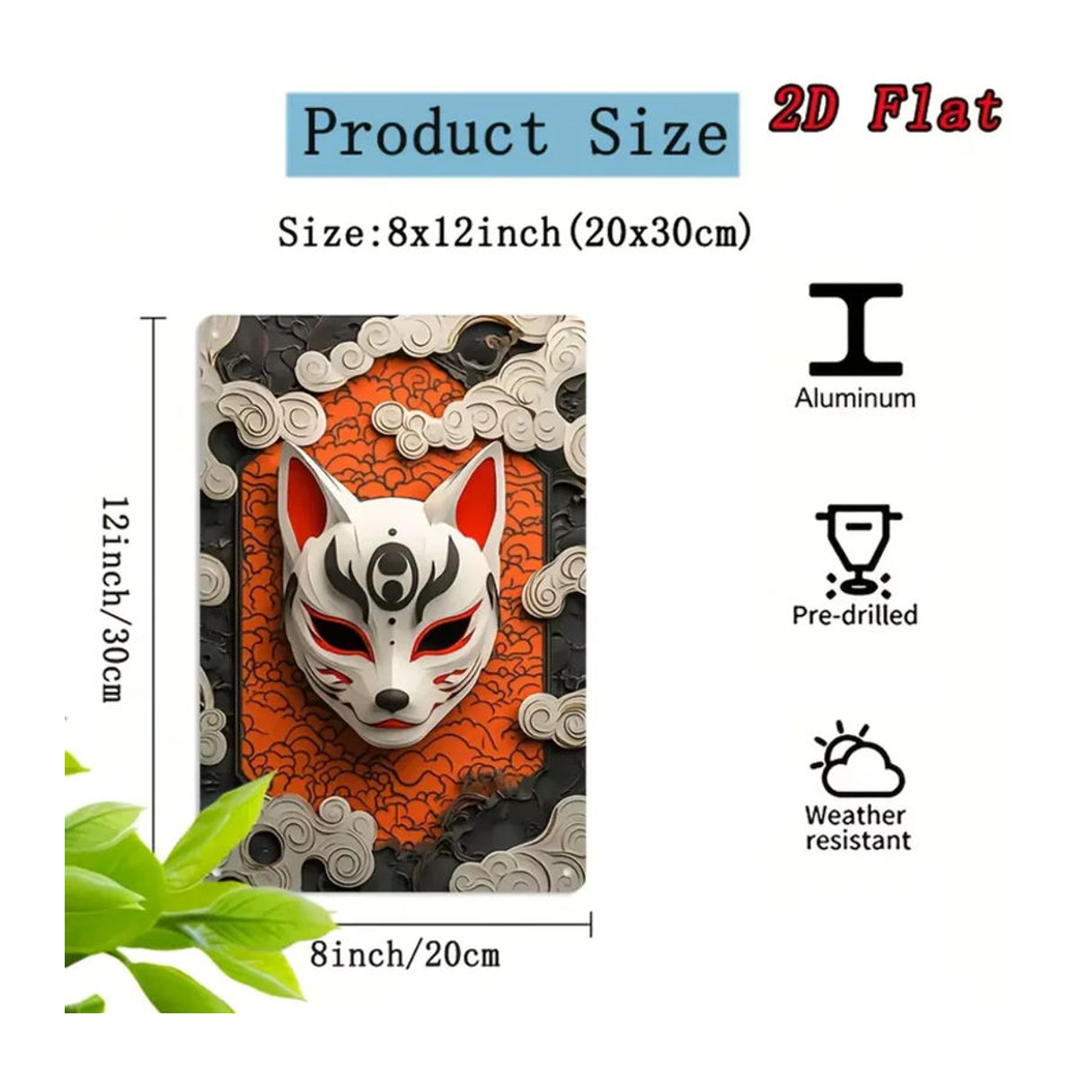 CIFBUY Metallschild Japanische Kitsune-Maske Wandkunst-Dekoration, mehrfarbig, Rechteckig, B: 30,48 cm x H: 20,32 cm (8x12 Zoll) - Bild 2
