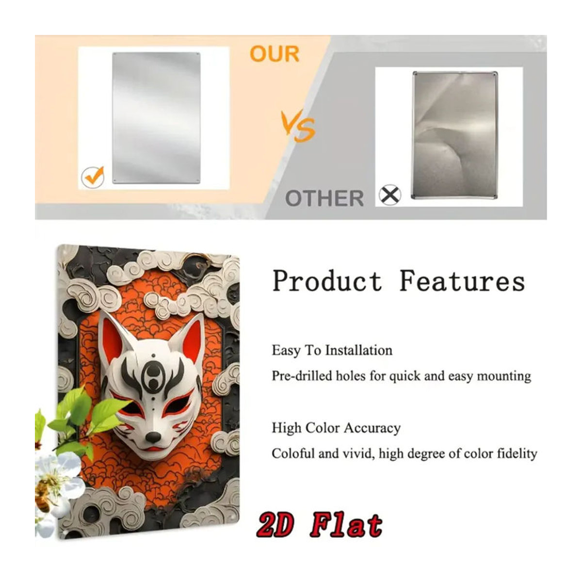 CIFBUY Metallschild Japanische Kitsune-Maske Wandkunst-Dekoration, mehrfarbig, Rechteckig, B: 30,48 cm x H: 20,32 cm (8x12 Zoll) - Bild 3