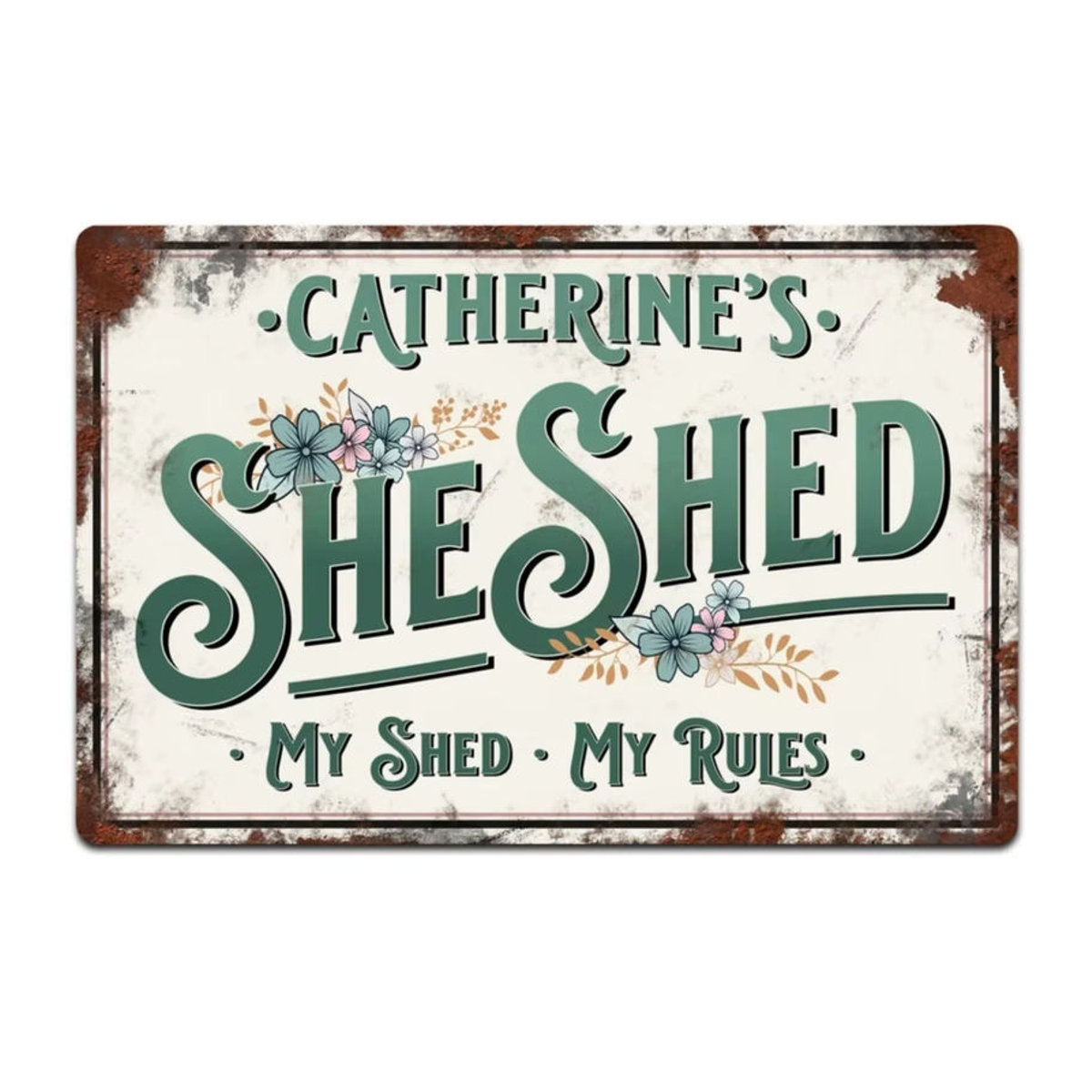 CIFBUY Personalisiertes She Shed Metallschild in Schwarz und Weiß mit floralem Design als wasserdichte Vintage Gartenwanddekoration - Bild 2