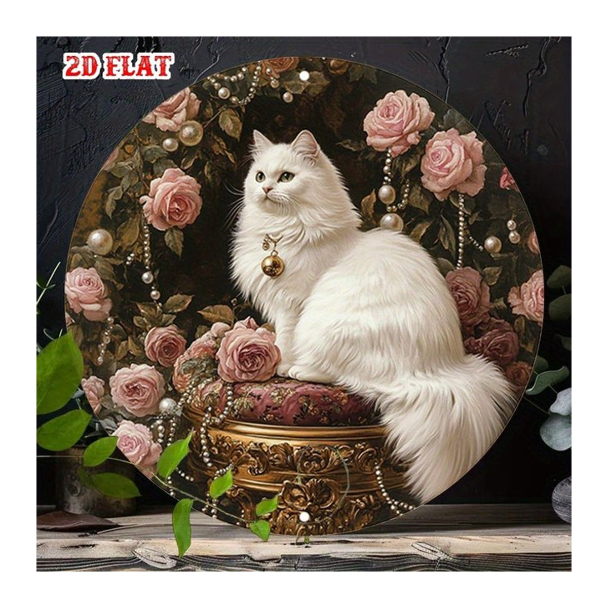 CIFBUY Retro-Katzen-Blechschild mit weißer Katze und floralem Motiv, quadratische Wanddekoration aus Metall, B/B: 19,81 x 19,81 cm - Bild 1