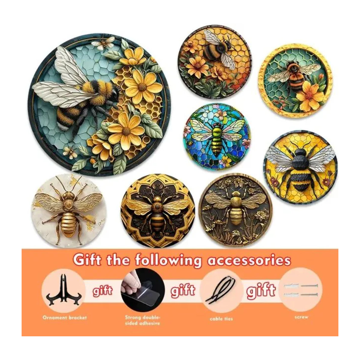 CIFBUY Runde Bienen-Wandkunst aus Metall mit Wabenmuster in Mehrfarbig, Durchmesser: 20 cm - Bild 1