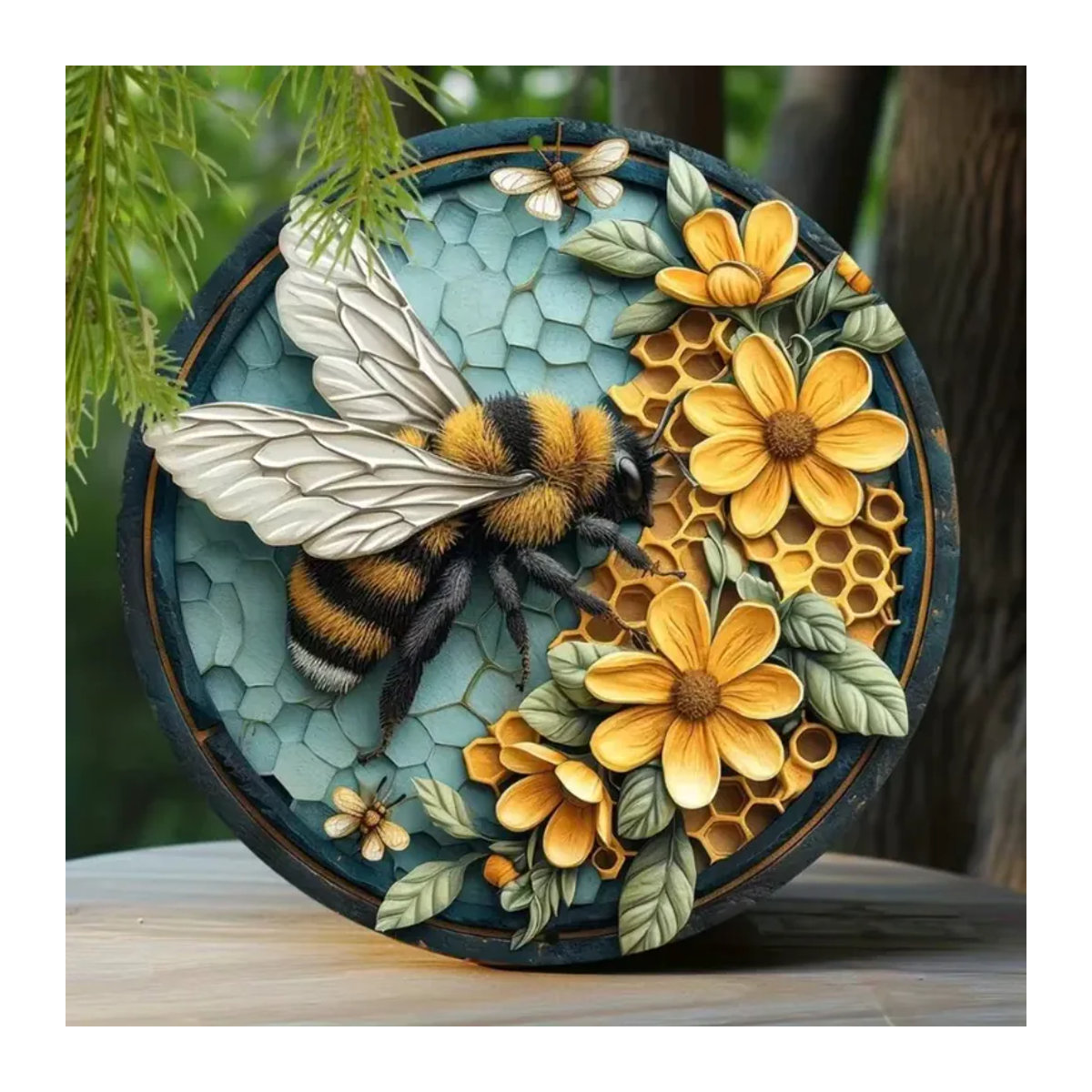 CIFBUY Runde Bienen-Wandkunst aus Metall mit Wabenmuster in Mehrfarbig, Durchmesser: 20 cm - Bild 2
