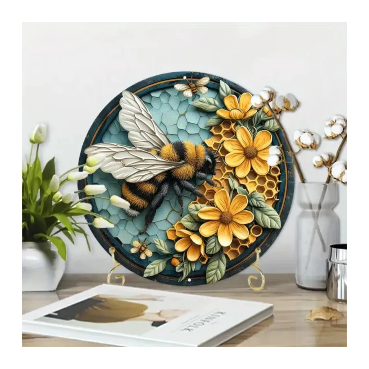 CIFBUY Runde Bienen-Wandkunst aus Metall mit Wabenmuster in Mehrfarbig, Durchmesser: 20 cm - Bild 5