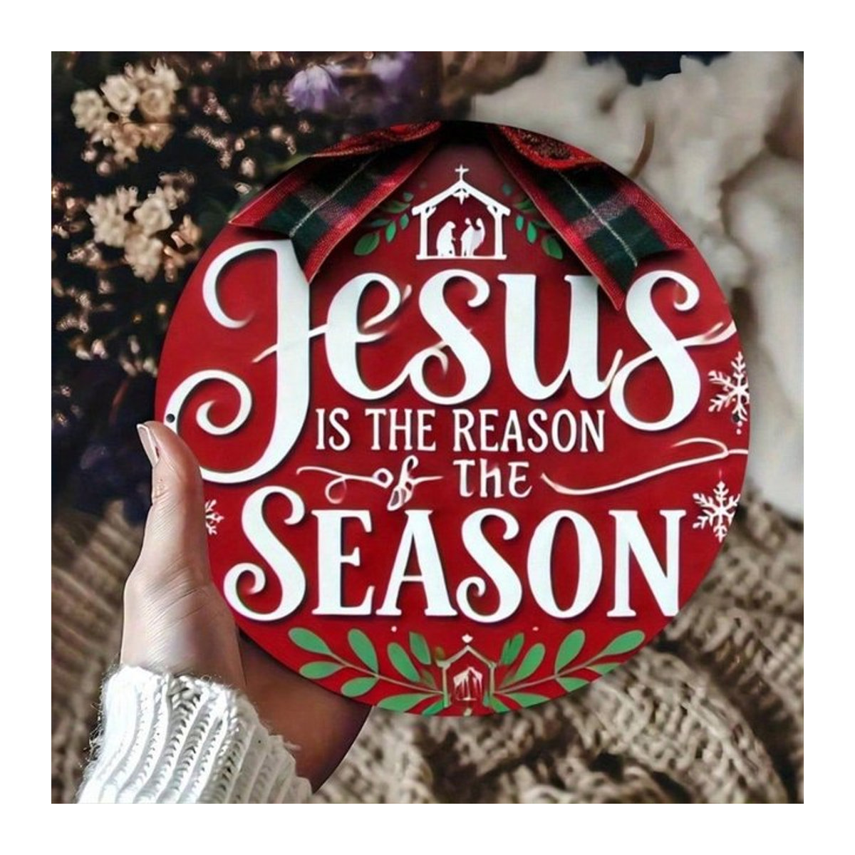 CIFBUY Rundes Metall-Weihnachtsschild Jesus ist der Grund in Rot mit Schneeflocken-Design, Durchmesser: 20,3 cm - Bild 1