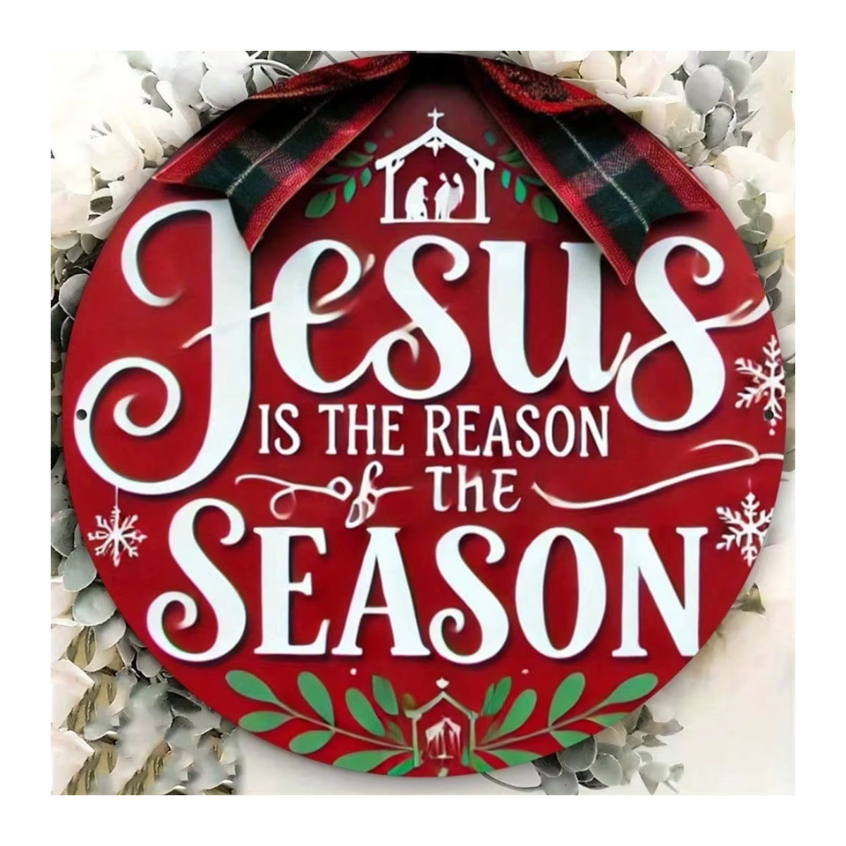 CIFBUY Rundes Metall-Weihnachtsschild Jesus ist der Grund in Rot mit Schneeflocken-Design, Durchmesser: 20,3 cm - Bild 3