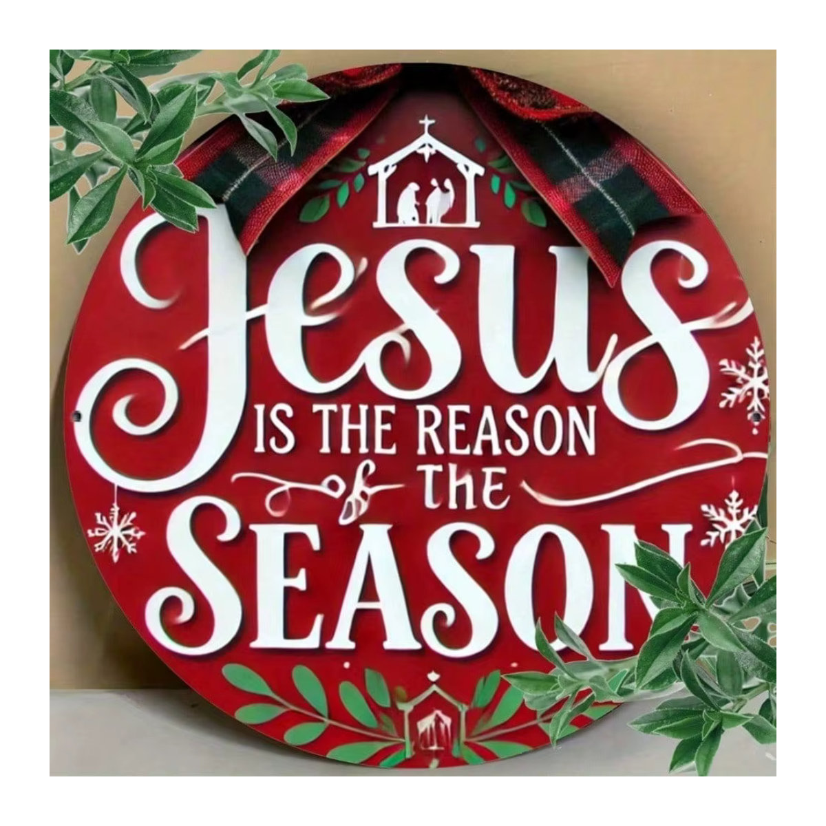 CIFBUY Rundes Metall-Weihnachtsschild Jesus ist der Grund in Rot mit Schneeflocken-Design, Durchmesser: 20,3 cm - Bild 5