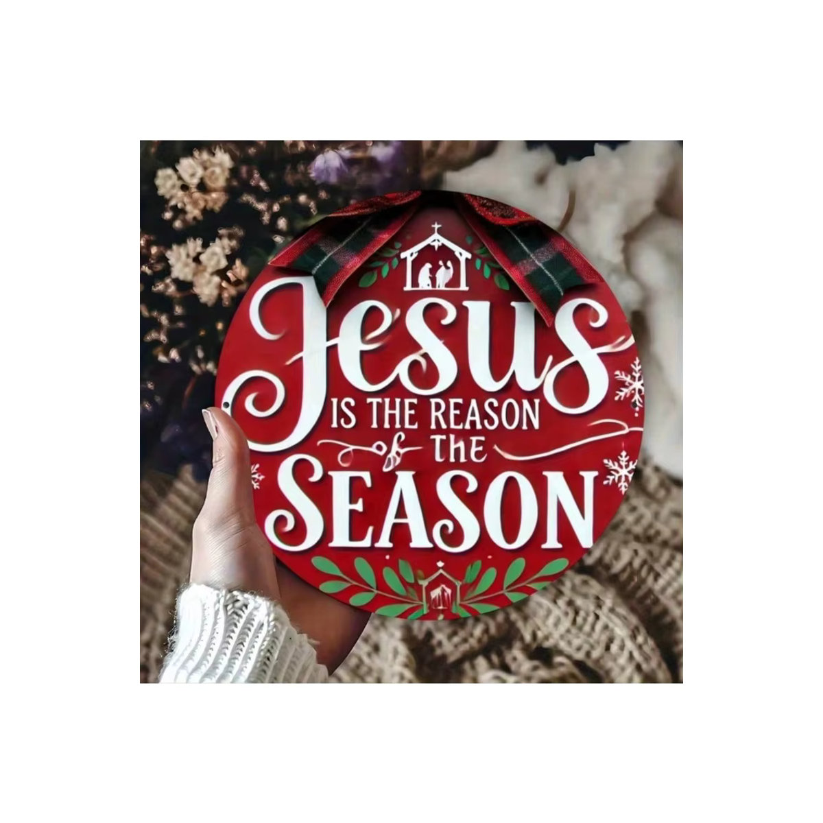 CIFBUY Rundes Metall-Weihnachtsschild Jesus ist der Grund in Rot mit Schneeflocken-Design, Durchmesser: 20,3 cm - Bild 6