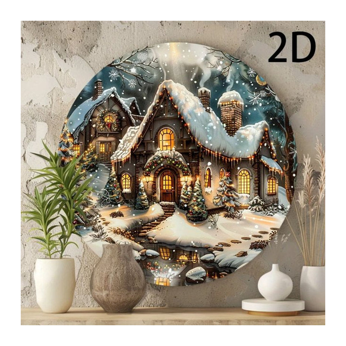 CIFBUY Rundes Weihnachtshaus-Wandschild aus Metall, Mehrfarbig, Durchmesser: 20,32 cm - Bild 1