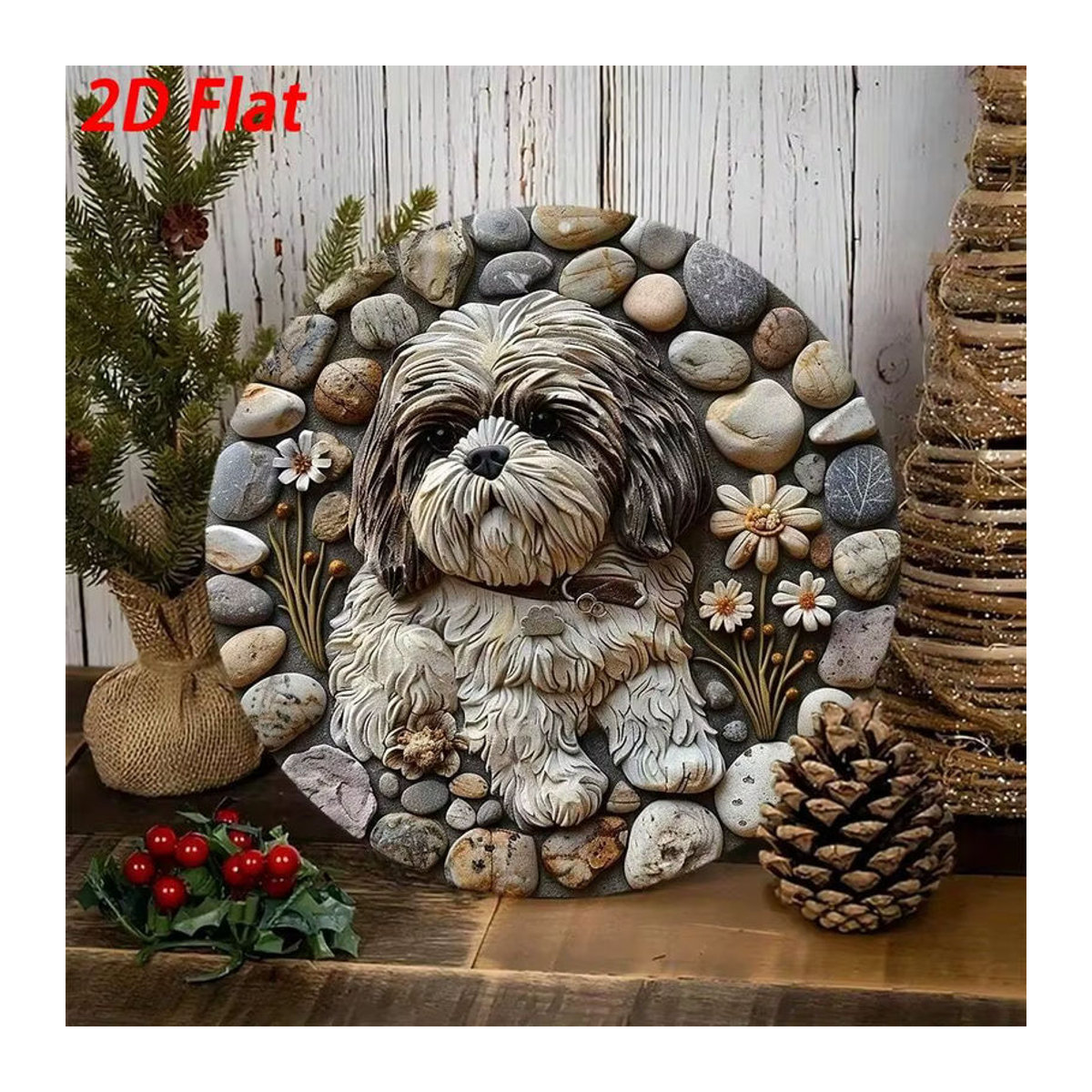 CIFBUY Shih Tzu Wandskulptur aus Metall in Beige, runde Tier-Wanddekoration, B/H: 20 x 20 cm - Bild 3