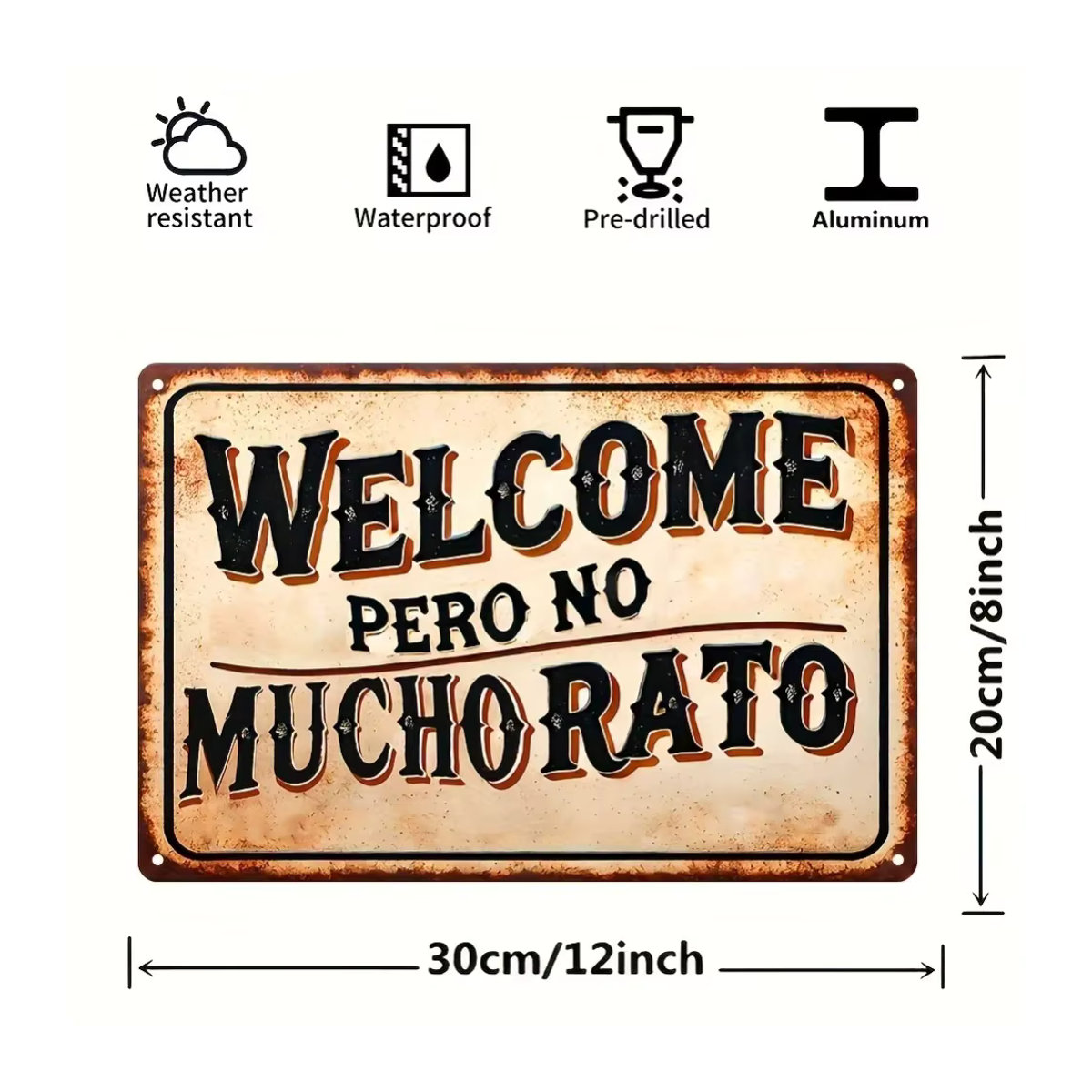 CIFBUY Spanisches Willkommens-Wandschild im Vintage-Stil WELCOME pero no MUCHO RATO aus Metall in Beige, B: 30 cm, H: 20 cm, T: 30 cm - Bild 3