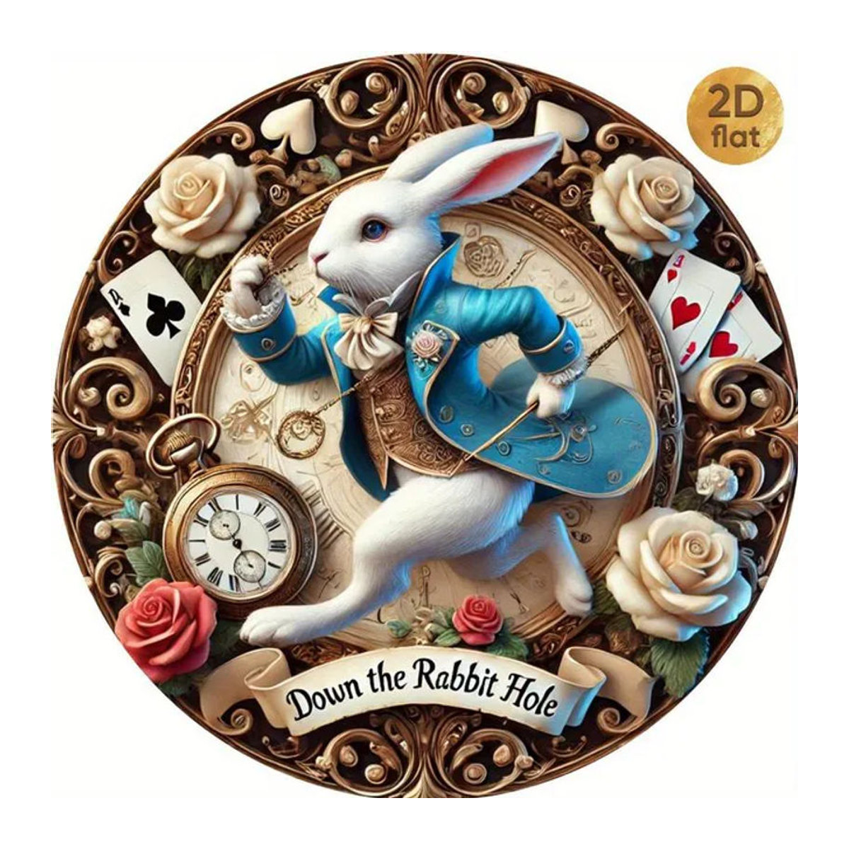 CIFBUY Vintage Alice im Wunderland Rundes Metallschild mit floralem Design und Spielkarten in Mehrfarbig - Bild 1
