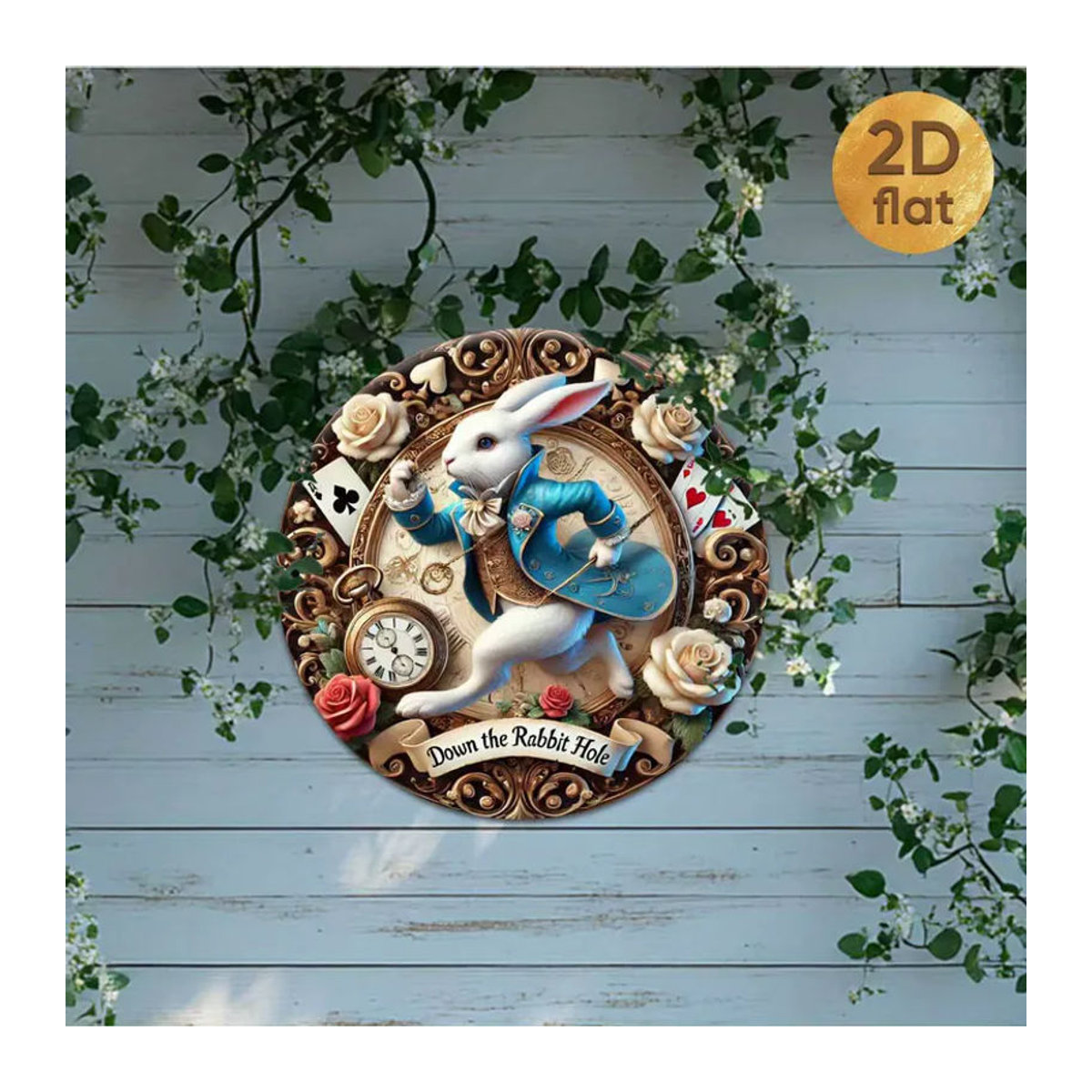 CIFBUY Vintage Alice im Wunderland Rundes Metallschild mit floralem Design und Spielkarten in Mehrfarbig - Bild 3