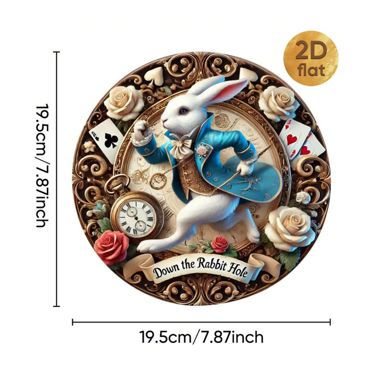 CIFBUY Vintage Alice im Wunderland Rundes Metallschild mit floralem Design und Spielkarten in Mehrfarbig - Bild 4