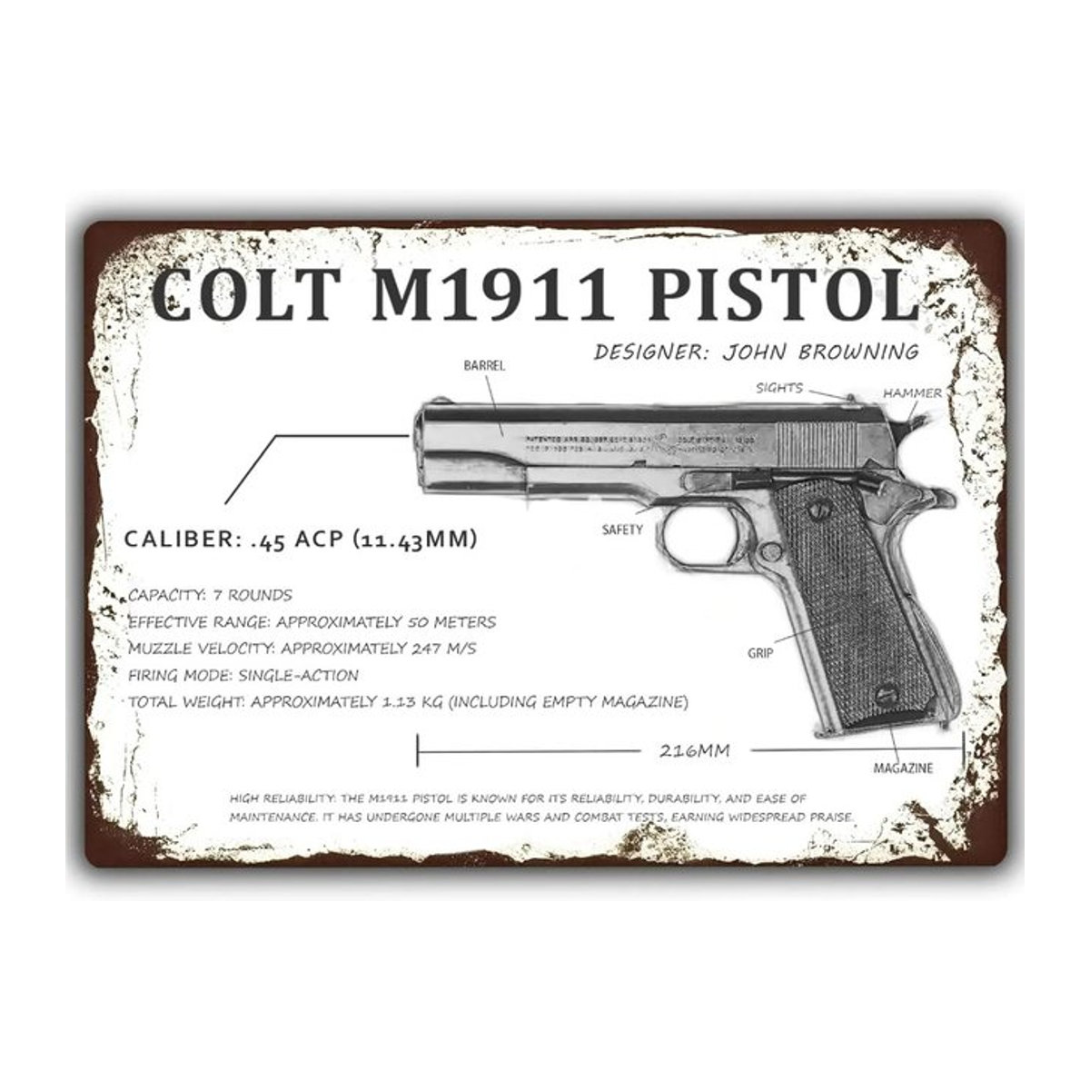 CIFBUY Vintage Colt M1911 Pistolen Metallschild im Querformat, Weißes Militär-Themenposter zur Wandmontage, B: 30 cm, H: 20 cm - Bild 1