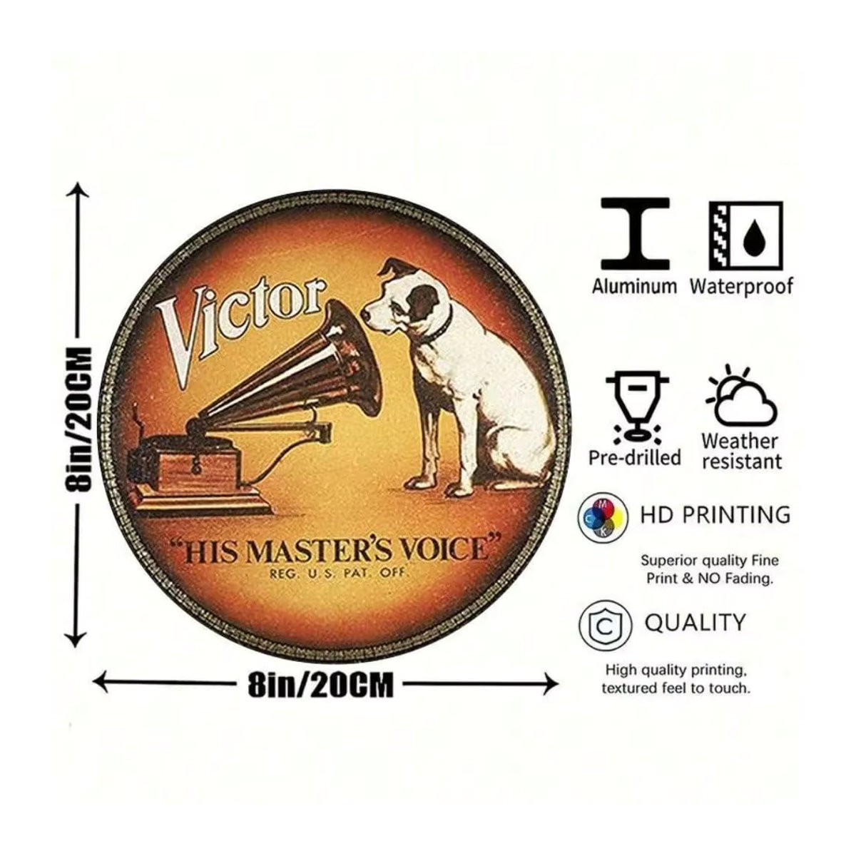CIFBUY Vintage His Masters Voice Dog Vinyl-Schallplatten-Blechschild, Retro Metall-Wandkunst-Dekoration in Mehrfarbig, Rund, B/T/H: 20 x 20 x 0,2 cm - Bild 2