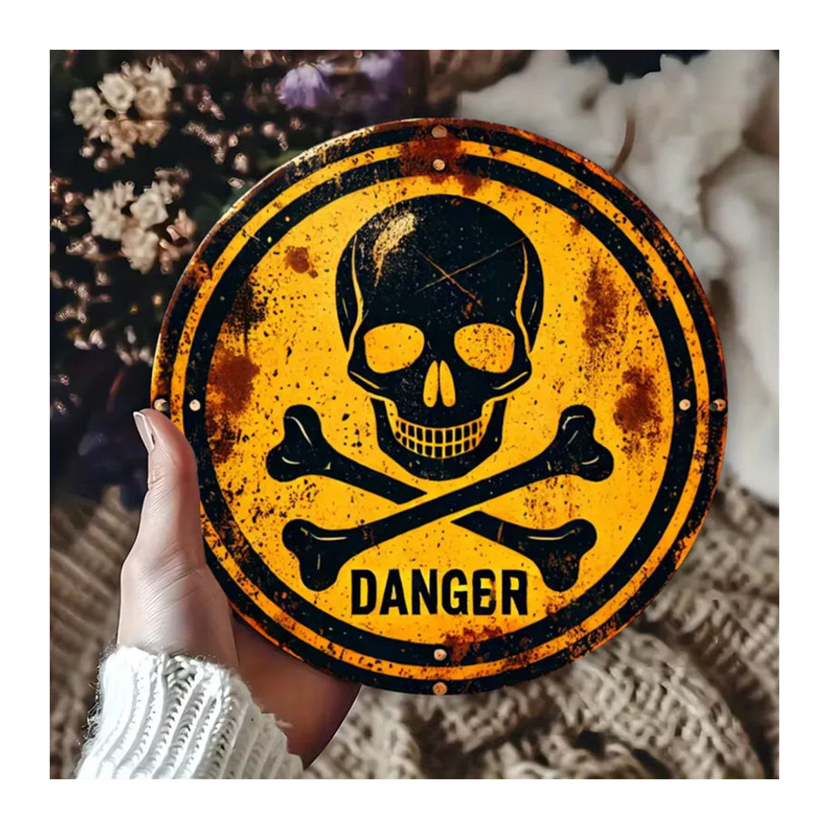 CIFBUY Vintage Metall-Wanddekoration Schädel Gefahrenschild in Gelb, 7,75 Zoll Rundes Hängendes Schild für Garten, Büro und Außenbereich - Bild 3