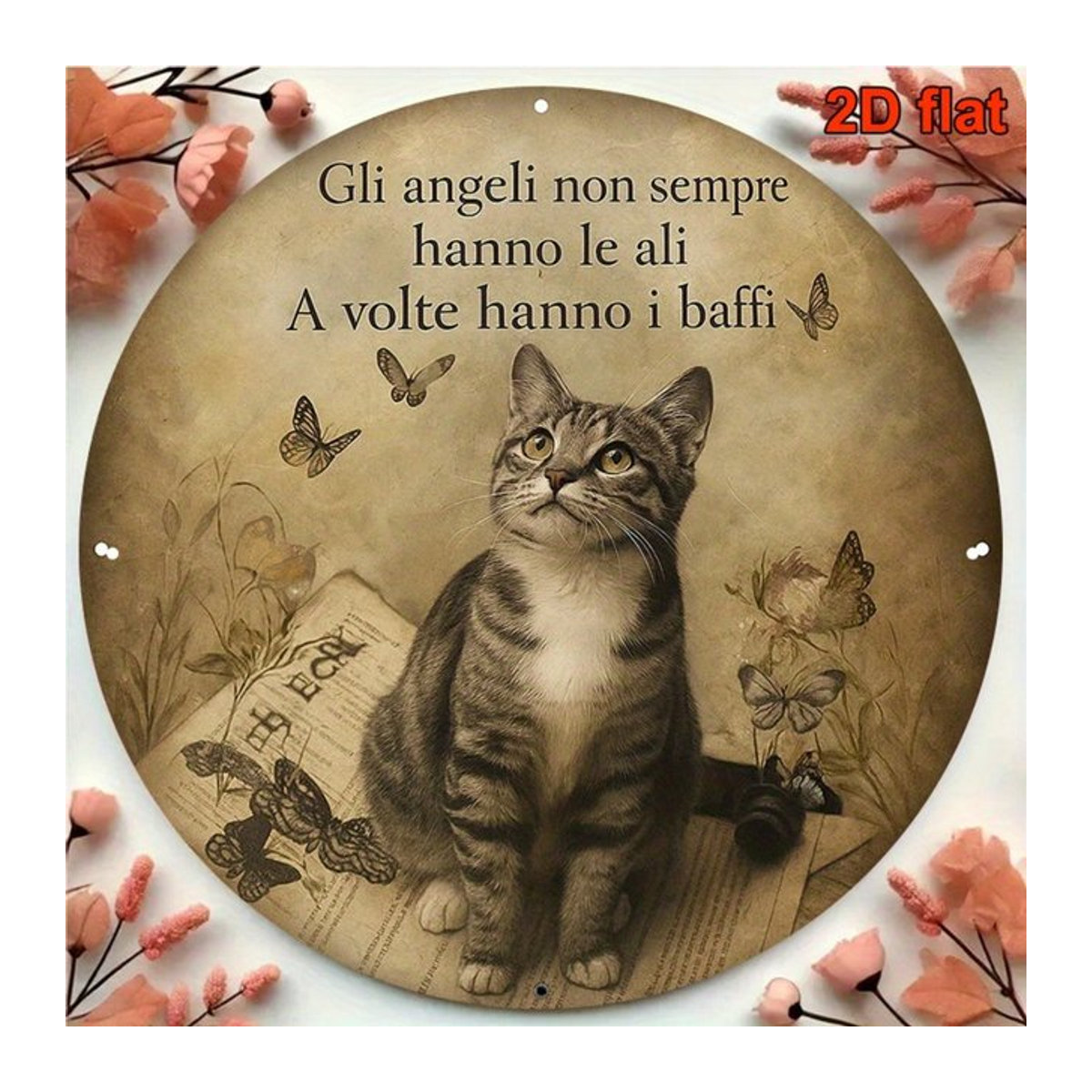 CIFBUY Vintage Metall-Wandkunst mit Katzenmotiv, rundes Schild in Beige, Durchmesser: 20 cm - Bild 1