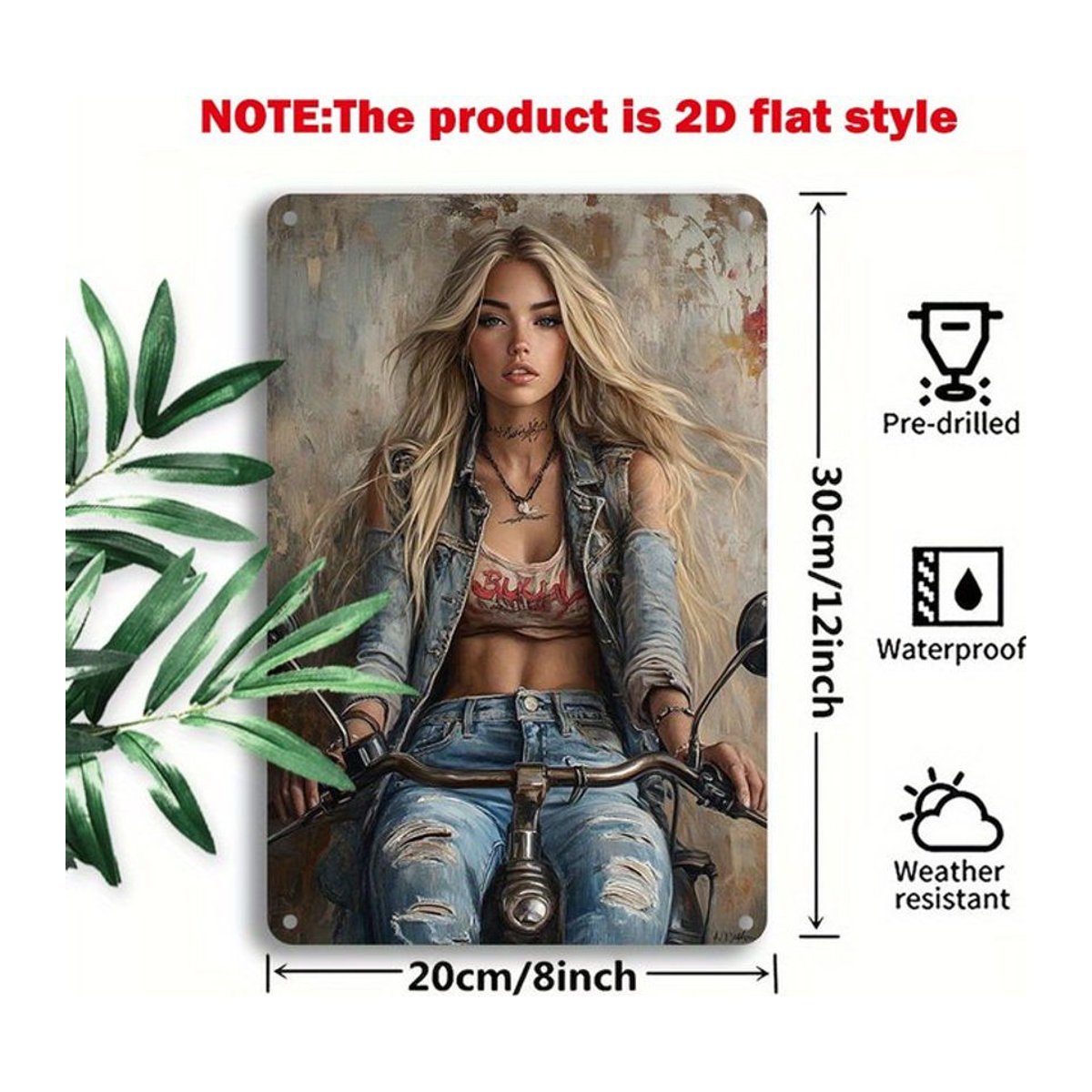 CIFBUY Vintage Metallblechschild Motorrad-Mädchen Porträt Wandkunst Dekoration, B: 30 cm, H: 20 cm, mehrfarbig - Bild 1