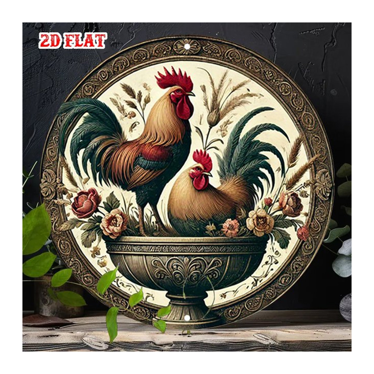 CIFBUY Vintage Metallschild Hahn Rund Wandkunst Deko Mehrfarbig Durchmesser: 20 cm - Bild 1