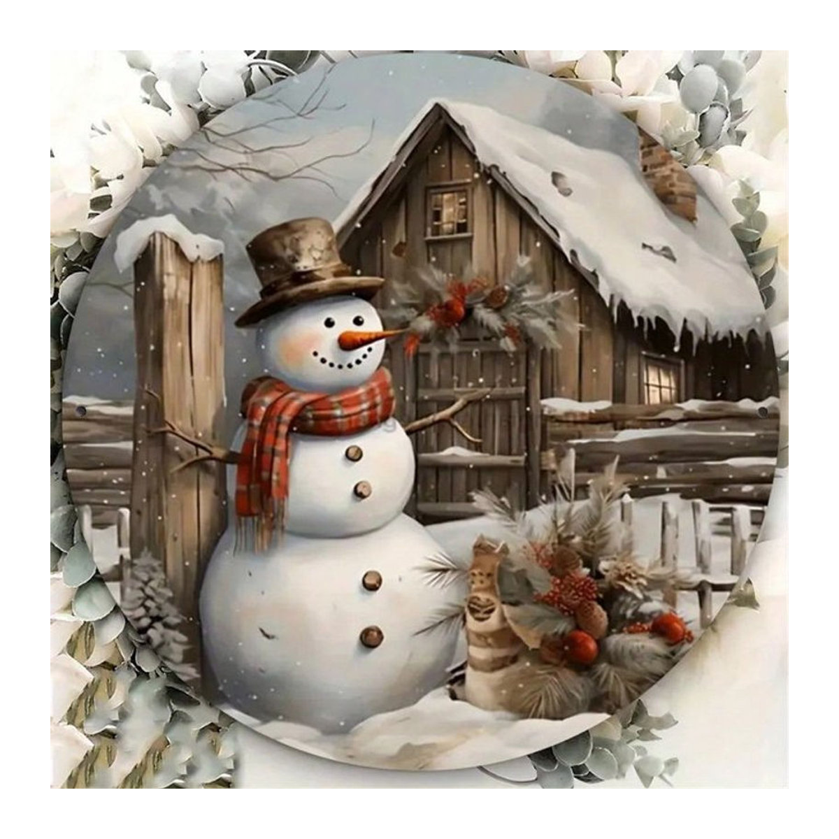 CIFBUY Vintage Metallschild Schneemann und Winterhütte Rund, Mehrfarbige Weihnachtsdekoration für die Wand - Bild 1