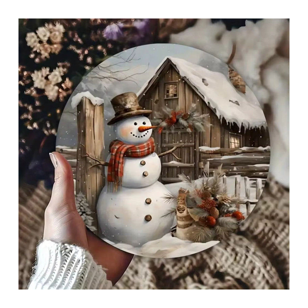 CIFBUY Vintage Metallschild Schneemann und Winterhütte Rund, Mehrfarbige Weihnachtsdekoration für die Wand - Bild 3