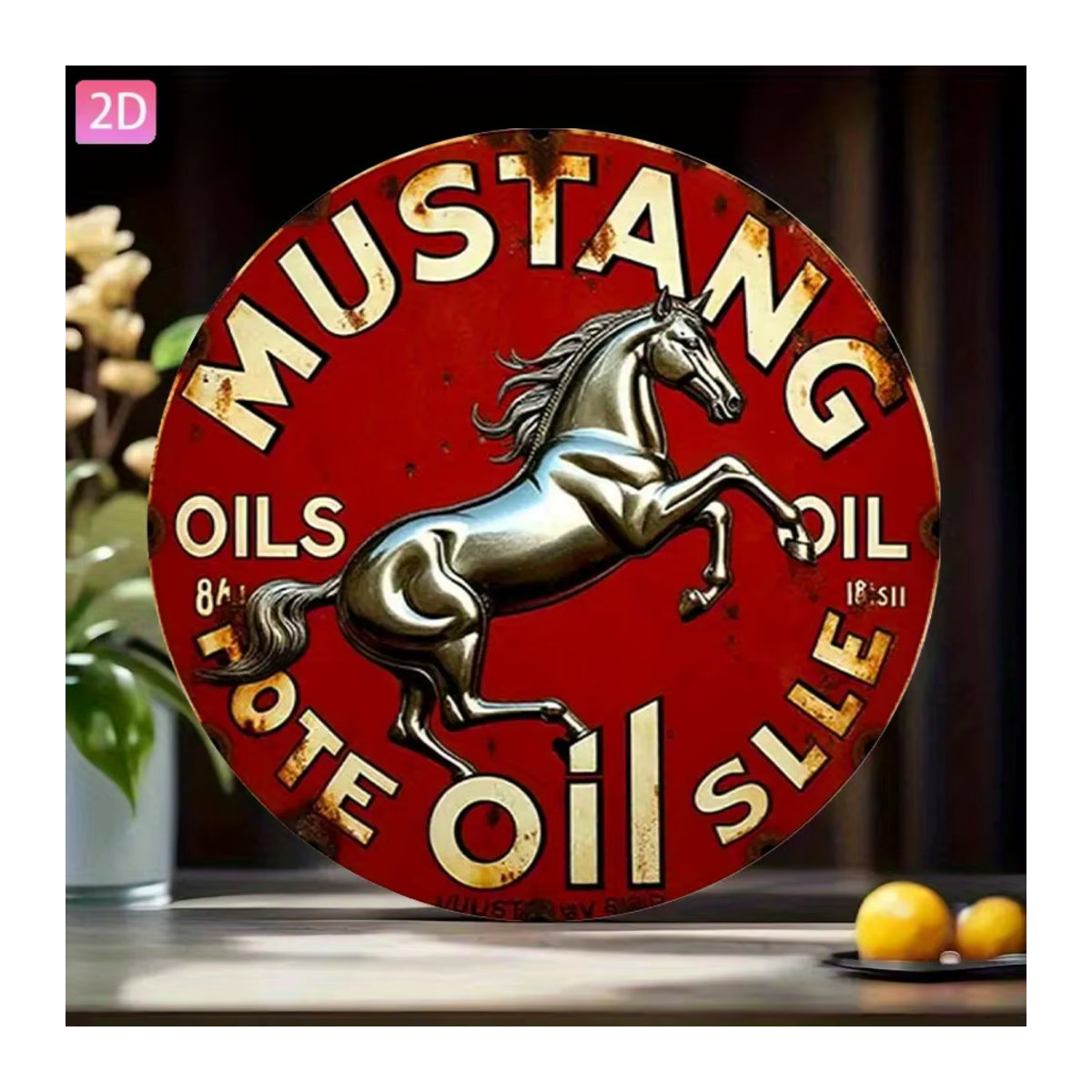 CIFBUY Vintage Mustang Metall-Blechposter Rund, Rot, Wanddekoration aus Aluminium für Garage und Bar - Bild 2