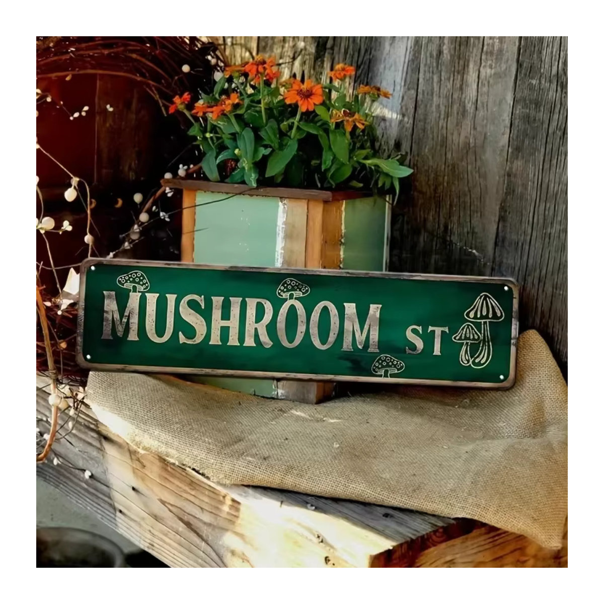 CIFBUY Vintage Pilz-Straßenschild aus Metall in Grün, Rechteckige Wanddekoration im Floral-Design - Bild 2