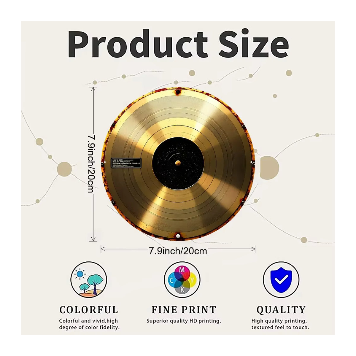 CIFBUY Vintage Schallplatten-Wandschild aus Metall in Gold, runde Wanddekoration im abstrakten Design, Durchmesser: 20,32 cm - Bild 2