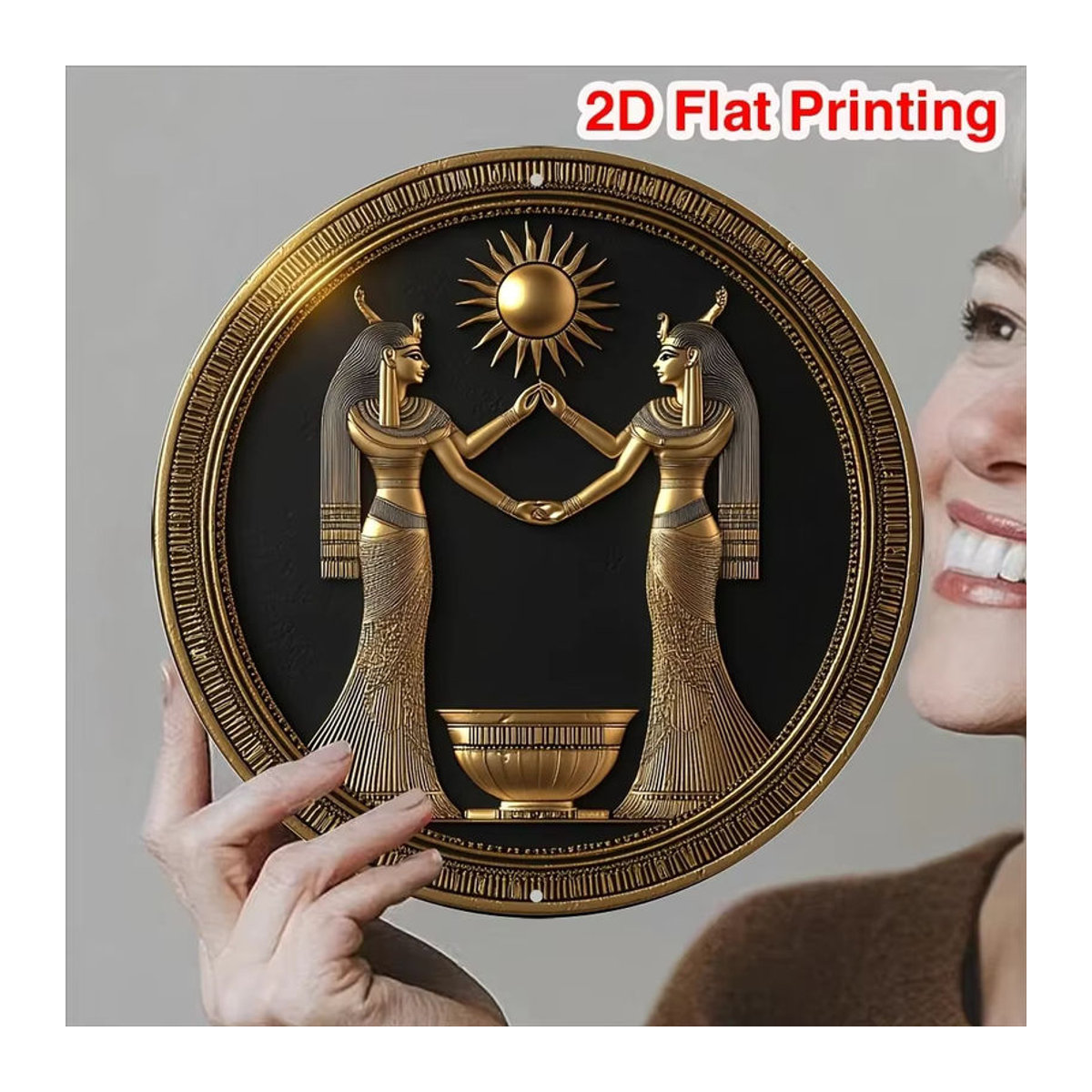 CIFBUY Vintage Wanddekoration aus Metall mit ägyptischem Pharao, rundes Wandschild in Gold, geometrisches Design - Bild 4