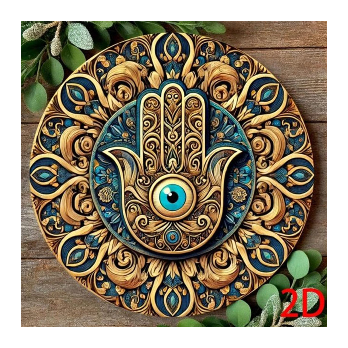CIFBUY Vintage Wandkunst Hamsa Hand und Evil Eye in Blau Gold Grün mit Mandala Design, quadratische Wanddekoration für Zuhause und Yoga - Bild 1