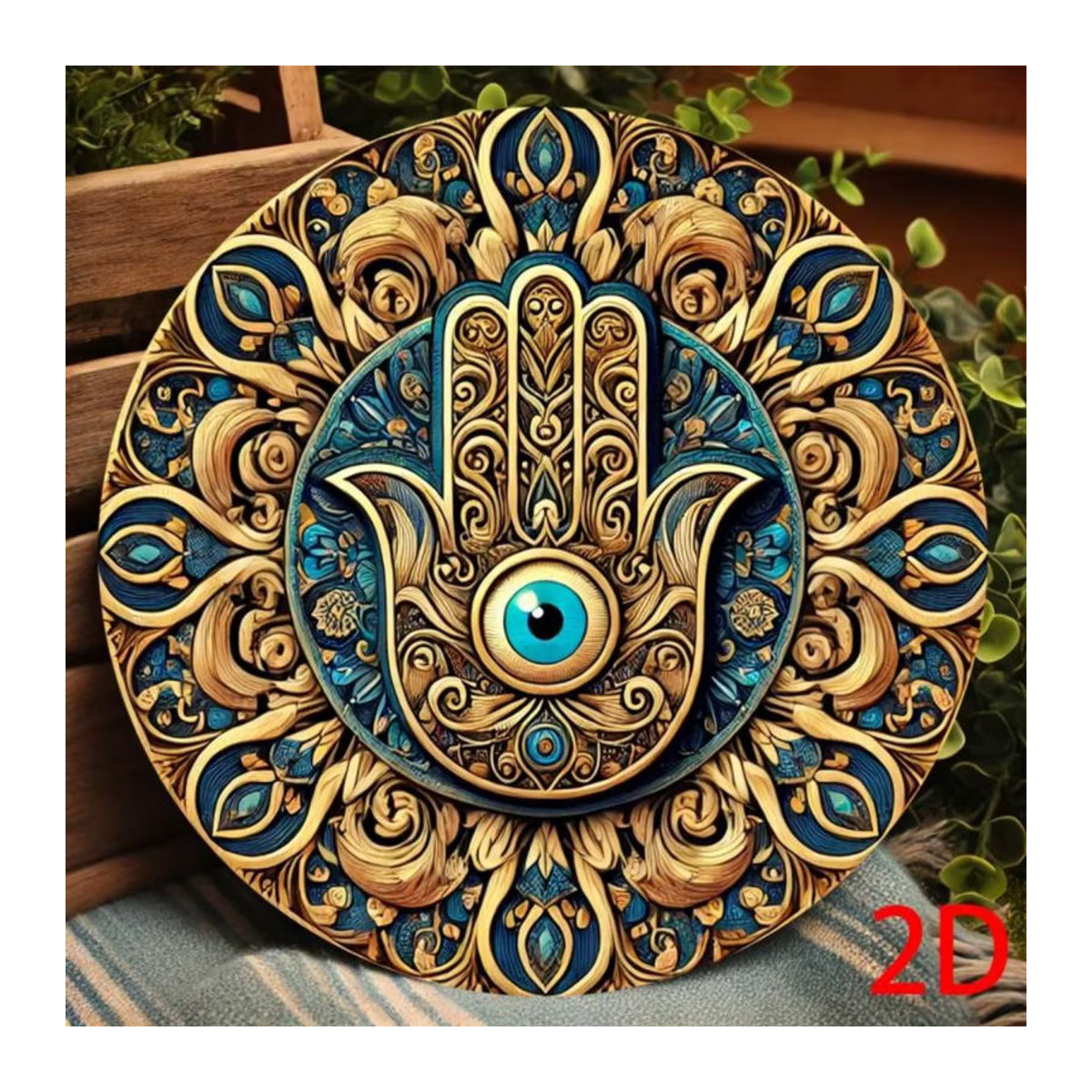 CIFBUY Vintage Wandkunst Hamsa Hand und Evil Eye in Blau Gold Grün mit Mandala Design, quadratische Wanddekoration für Zuhause und Yoga - Bild 3