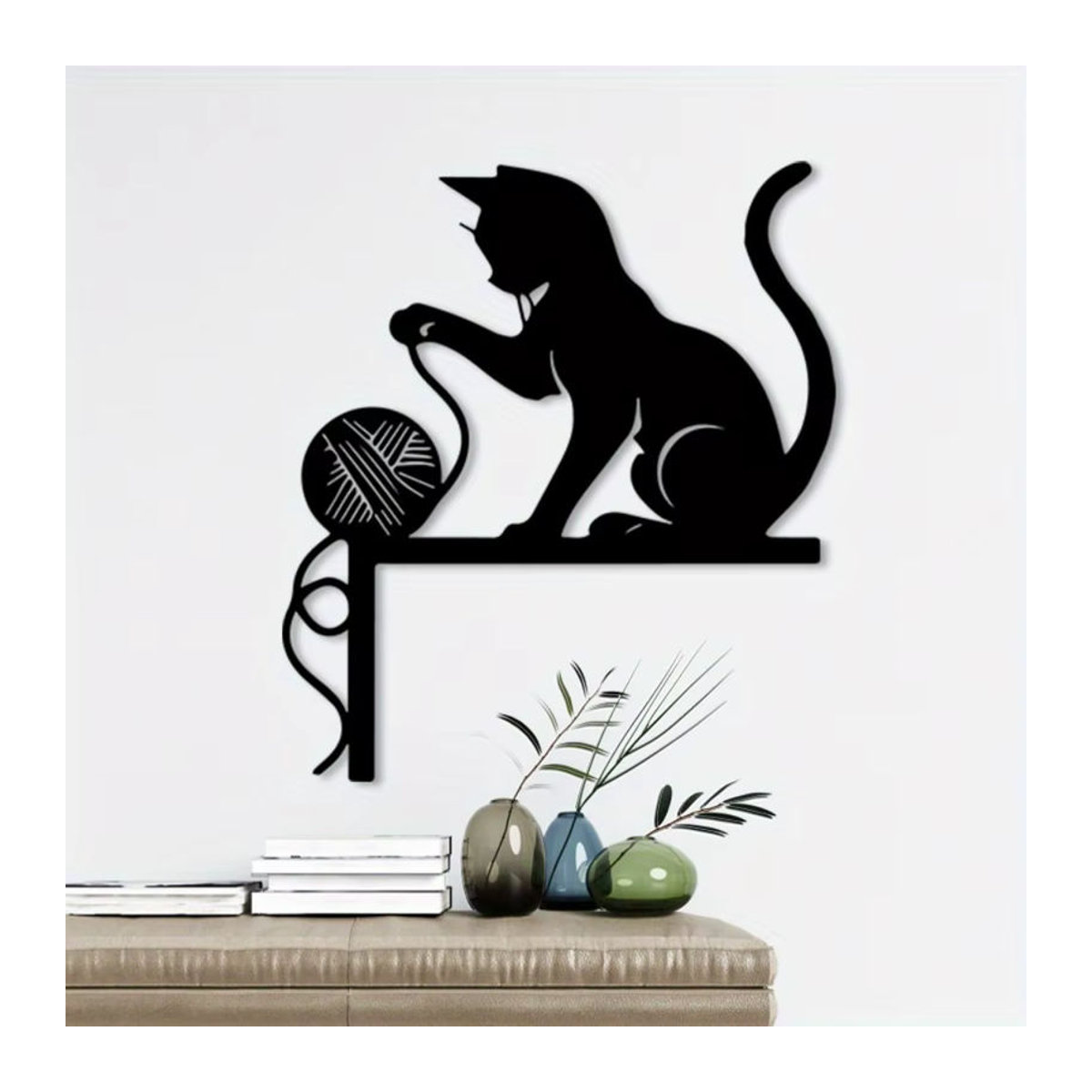 CIFBUY Vintage Wandkunst Schwarze Katze aus Metall als rostbeständige Eisenskulptur mit Garnknäuel-Dekoration - Bild 4