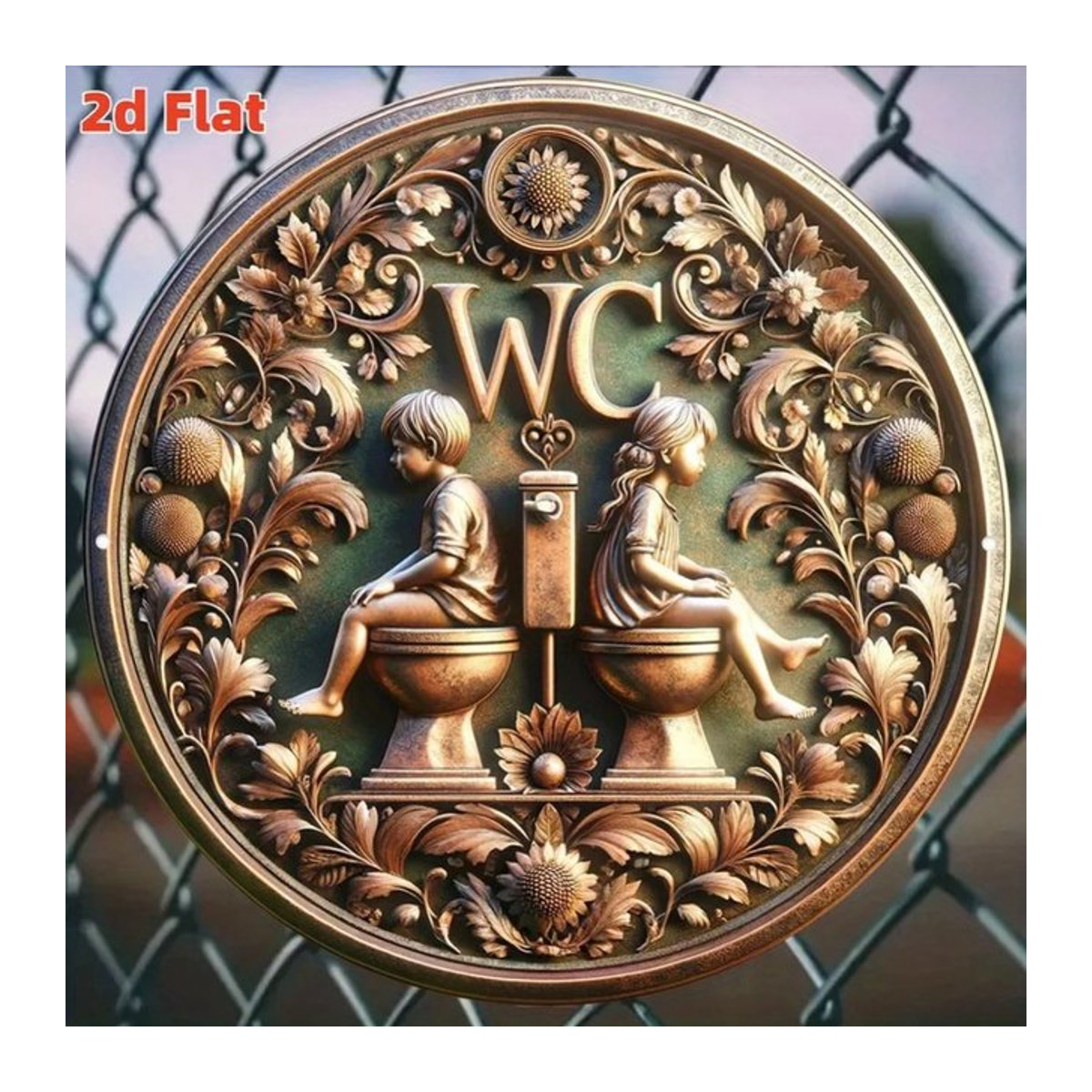 CIFBUY Vintage WC-Schild rund mit floralem Design aus Metall in Gold, Durchmesser: 19,79 cm - Bild 1