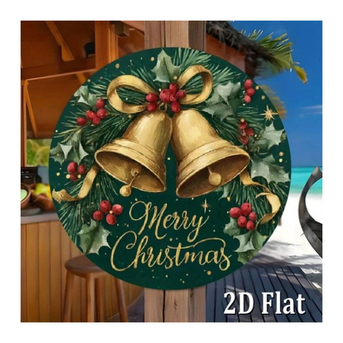 CIFBUY Vintage Weihnachtsdekoration aus Metall – Rundes Wandschild mit goldenen Glocken in Grün und Gold - Bild 1
