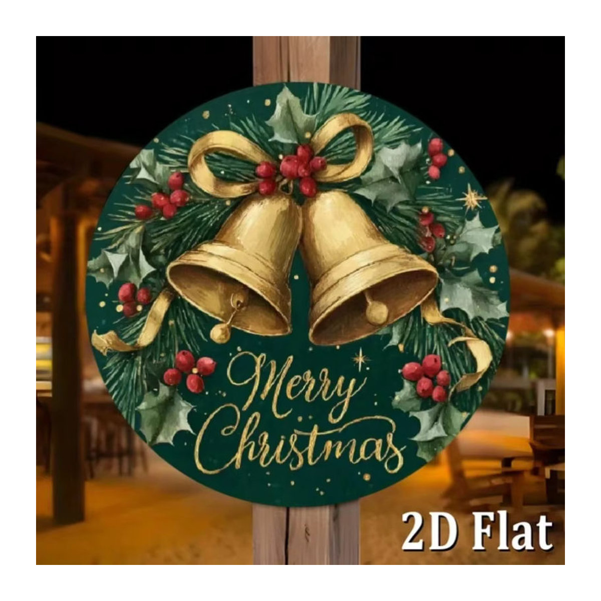 CIFBUY Vintage Weihnachtsdekoration aus Metall – Rundes Wandschild mit goldenen Glocken in Grün und Gold - Bild 3