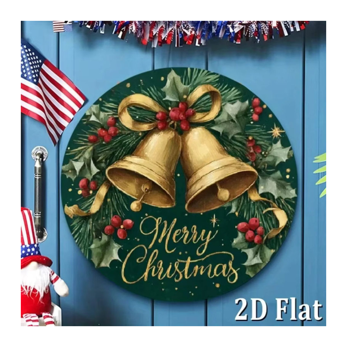 CIFBUY Vintage Weihnachtsdekoration aus Metall – Rundes Wandschild mit goldenen Glocken in Grün und Gold - Bild 4