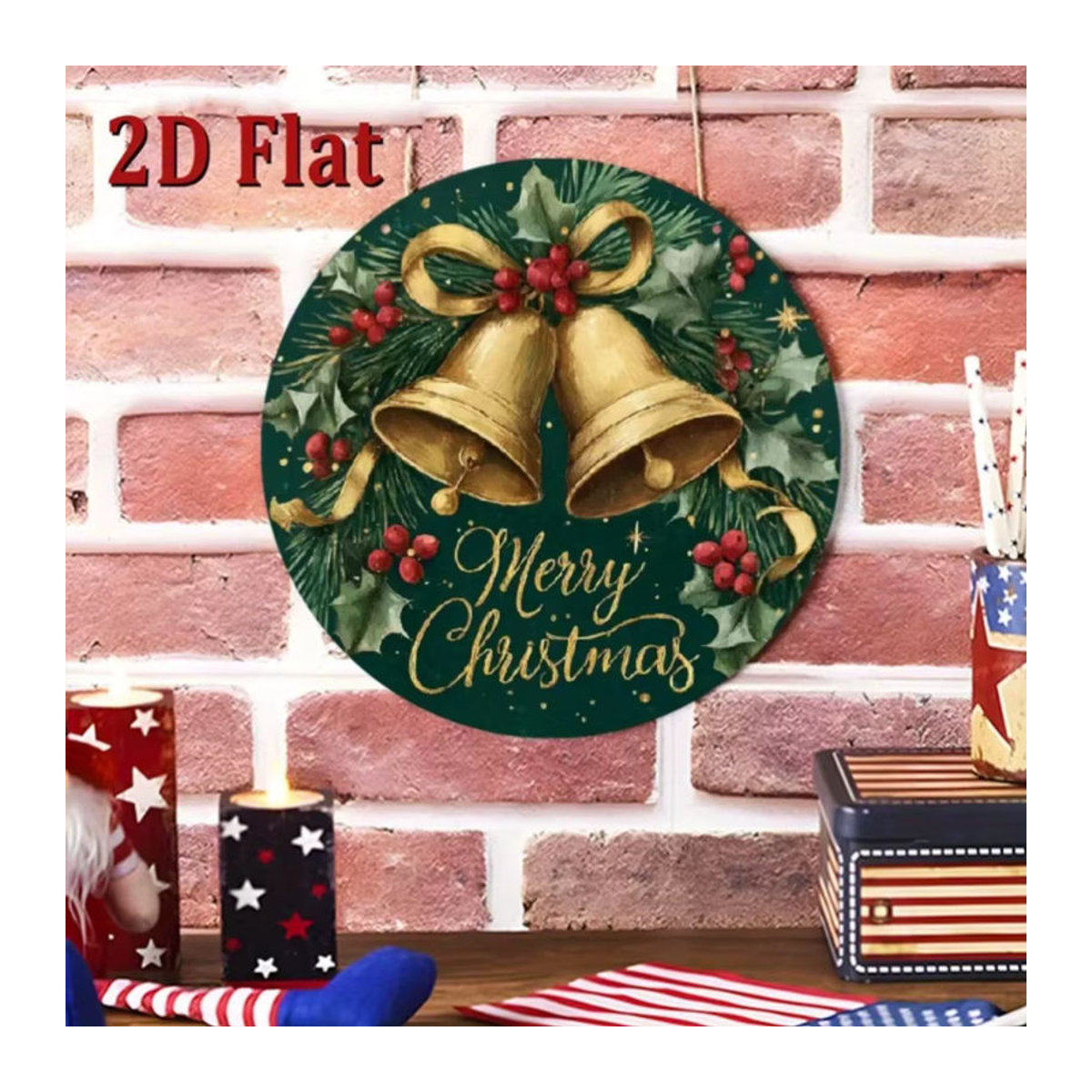 CIFBUY Vintage Weihnachtsdekoration aus Metall – Rundes Wandschild mit goldenen Glocken in Grün und Gold - Bild 5