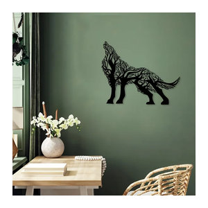 CIFbuy Wanddekor Wolf und Baumzweig aus Metall in Schwarz, abstrakte Wandgestaltung im Industrial-Stil für dein Wohnzimmer