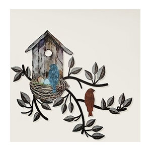 CIFBUY Wanddekoration aus Metall als Kunstbaum mit Vogelhaus in Bunt im Landhausstil
