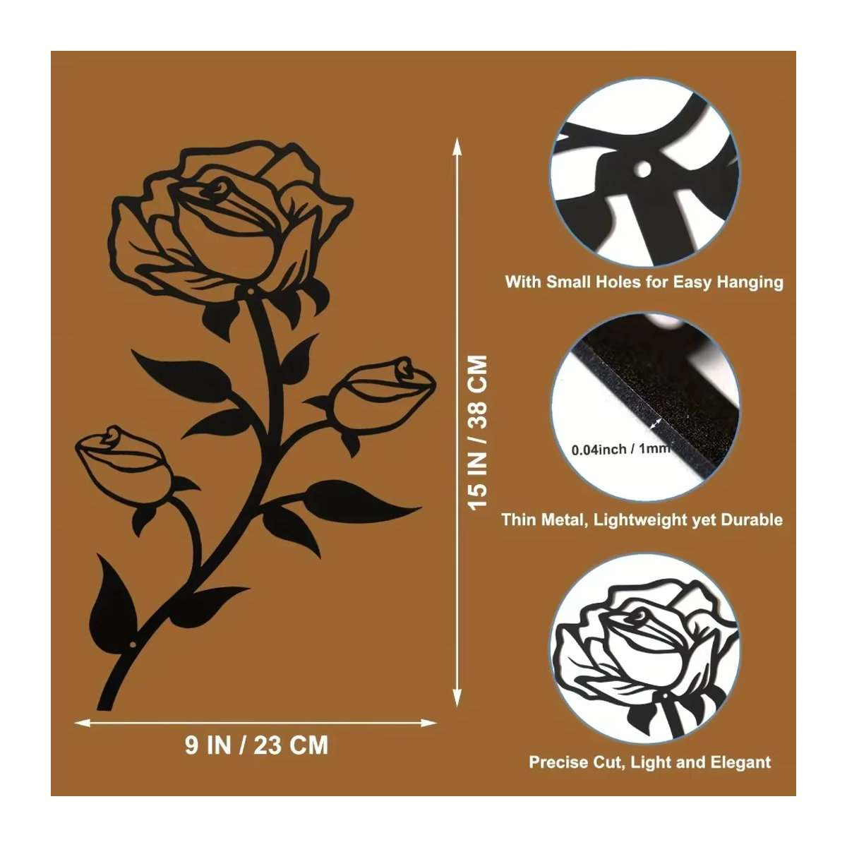 CIFBUY Wanddekoration Rose Blume aus Metall in Schwarz, florales Kunstornament für Innen- und Außenbereich, B/H: 38,1 x 38,1 cm - Bild 2