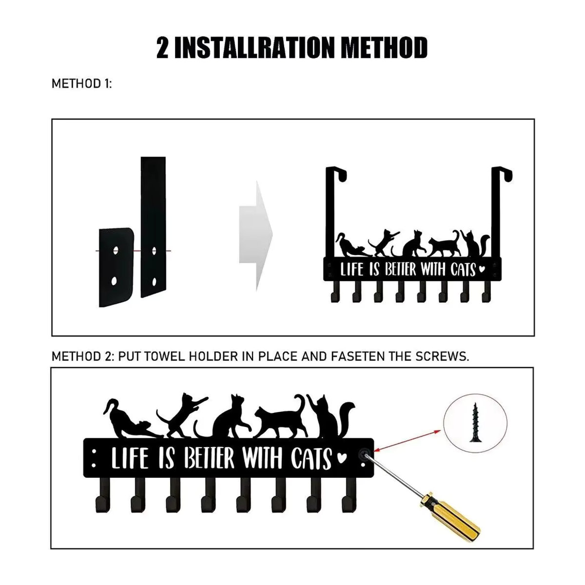 CIFBUY Wandgarderobe aus Metall in Schwarz mit 8 Haken im Katzen-Design - Bild 4