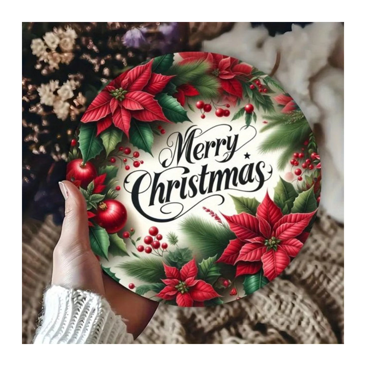 CIFBUY Wandkunst aus Metall mit floralem Weihnachtskranz in Mehrfarbig, runde Wanddekoration für Weihnachten - Bild 1