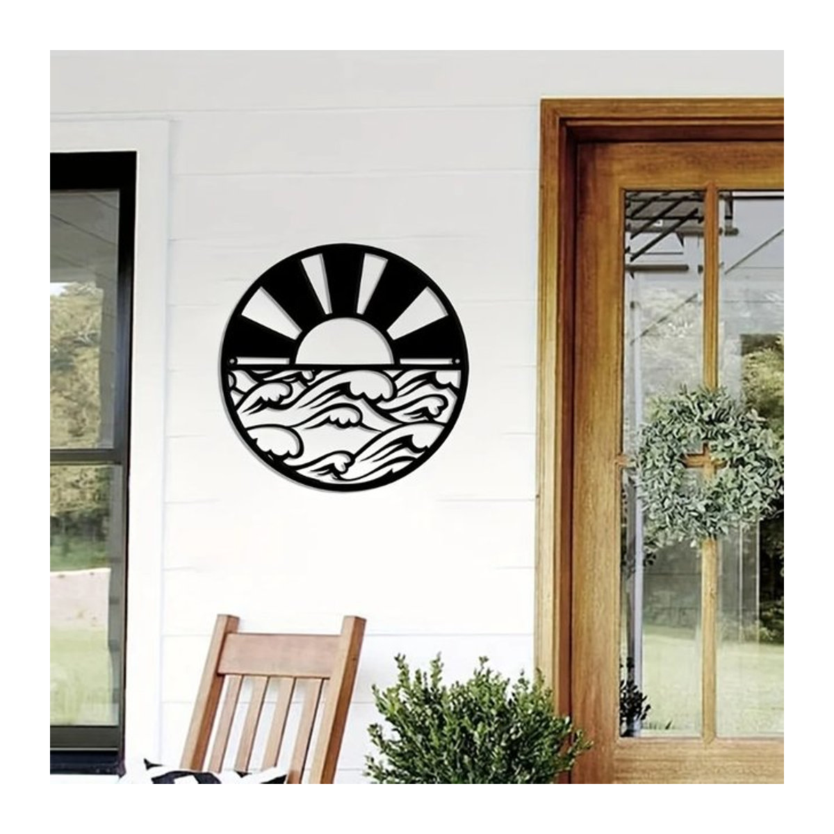 CIFBUY Wandkunst aus Metall Sonnenaufgang mit Sonne und Wellen in Schwarz, Maritimes Wanddekor Rund und Abstrakt - Bild 1