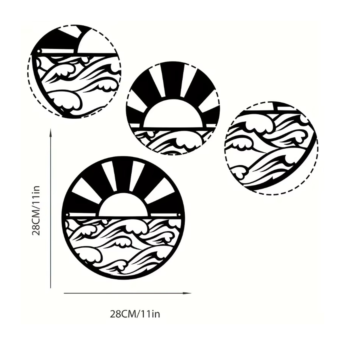 CIFBUY Wandkunst aus Metall Sonnenaufgang mit Sonne und Wellen in Schwarz, Maritimes Wanddekor Rund und Abstrakt - Bild 2